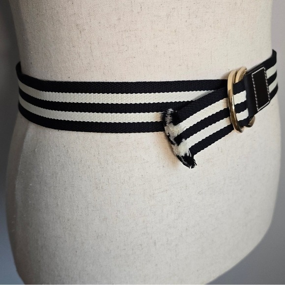 Victor Hugo Nautical Black Ivory Stripe Canvas D-Ring Leather Belt SZ 93 US 10